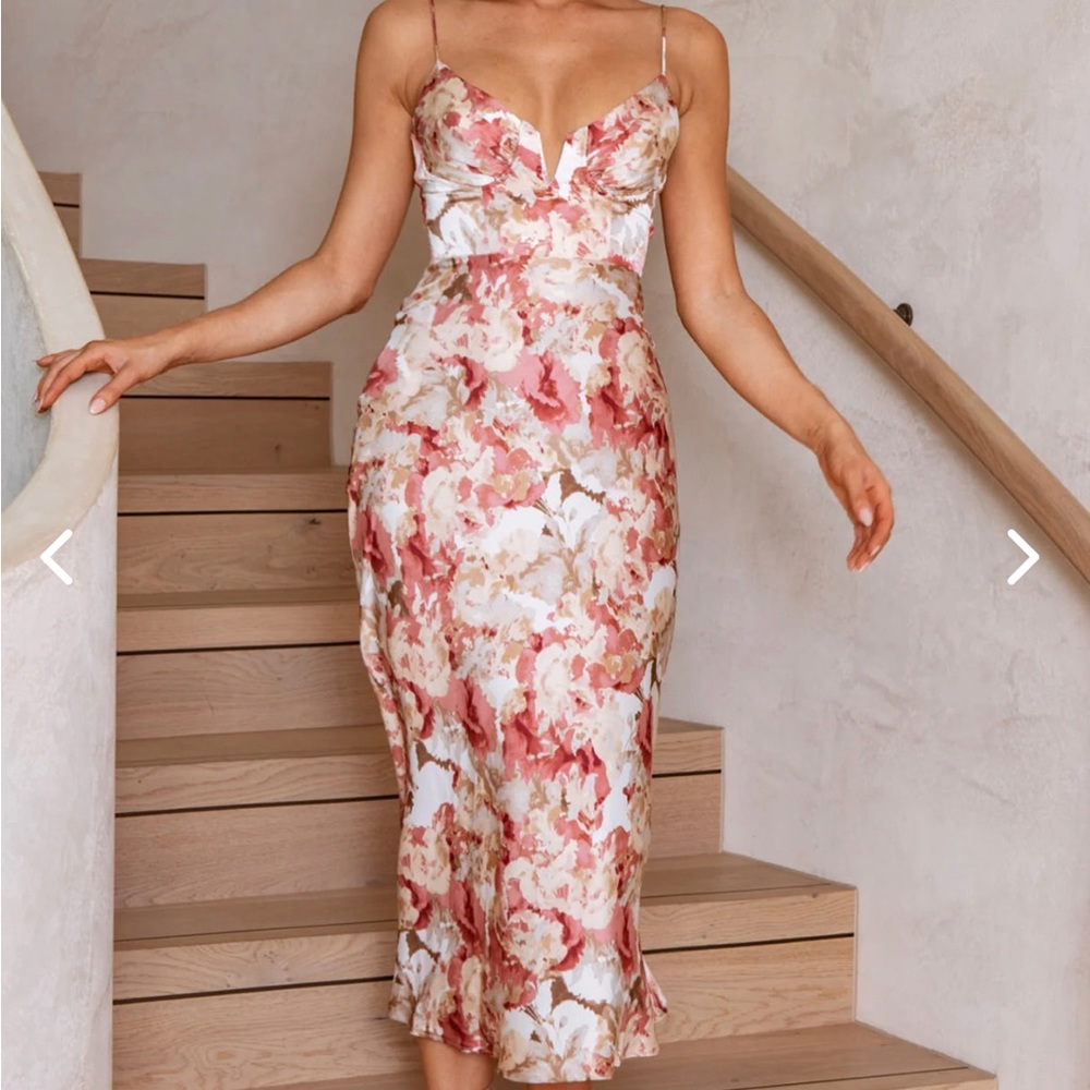 Lake Como Fitted Bodice Cami Strap Midi Dress Abstract Print Rose × 1M